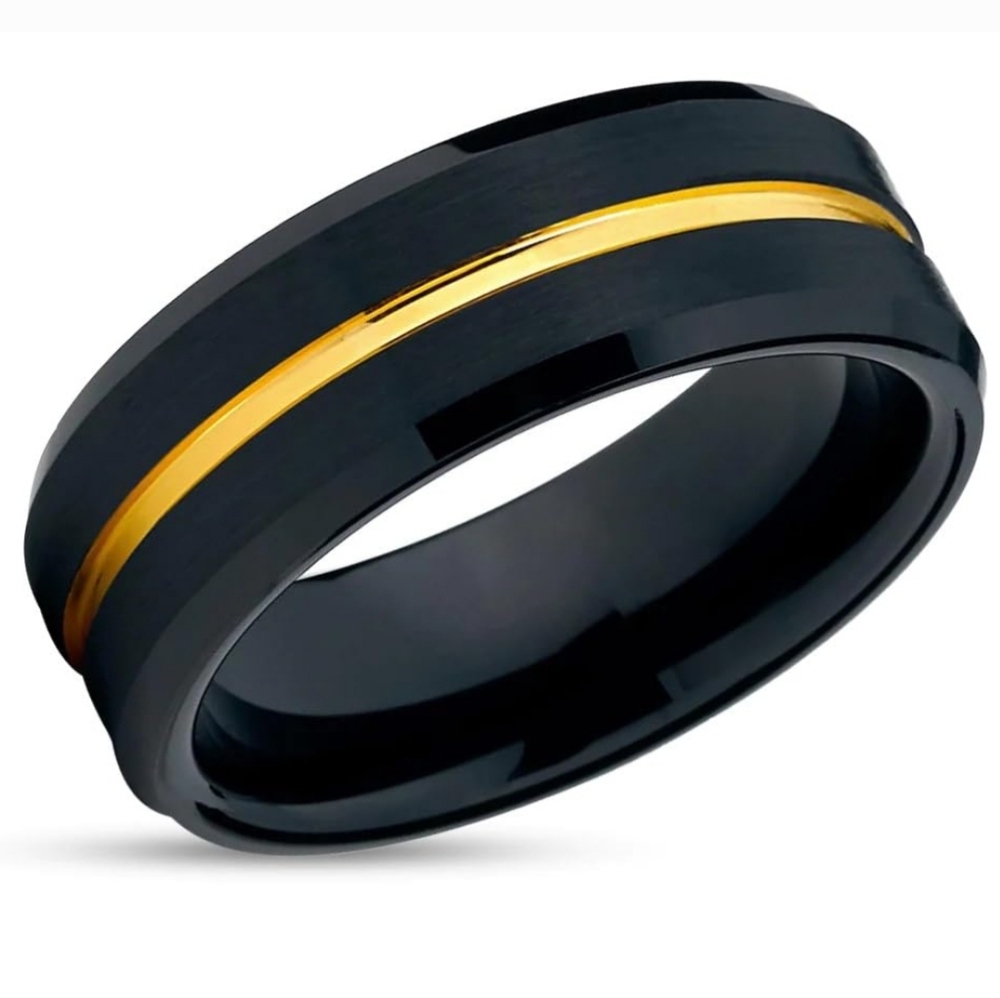 New Black Tungsten Black IP Plating 18k Yellow Gold Plating Band Ring.